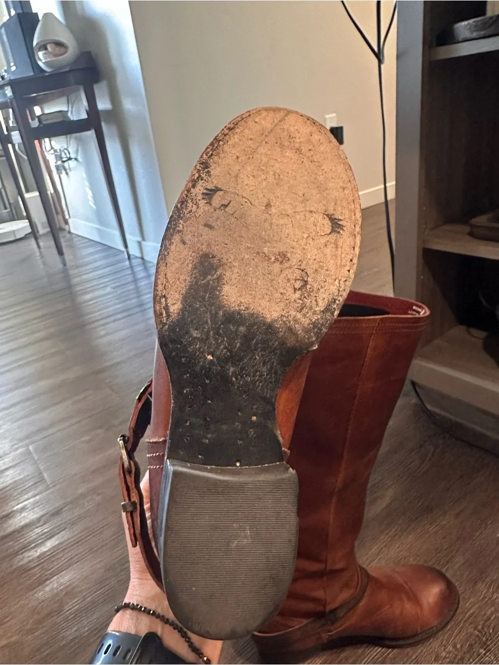 Freebird Vintage Roadie Tall Cognac Leather Boots with Red Accent Zipper Size 9